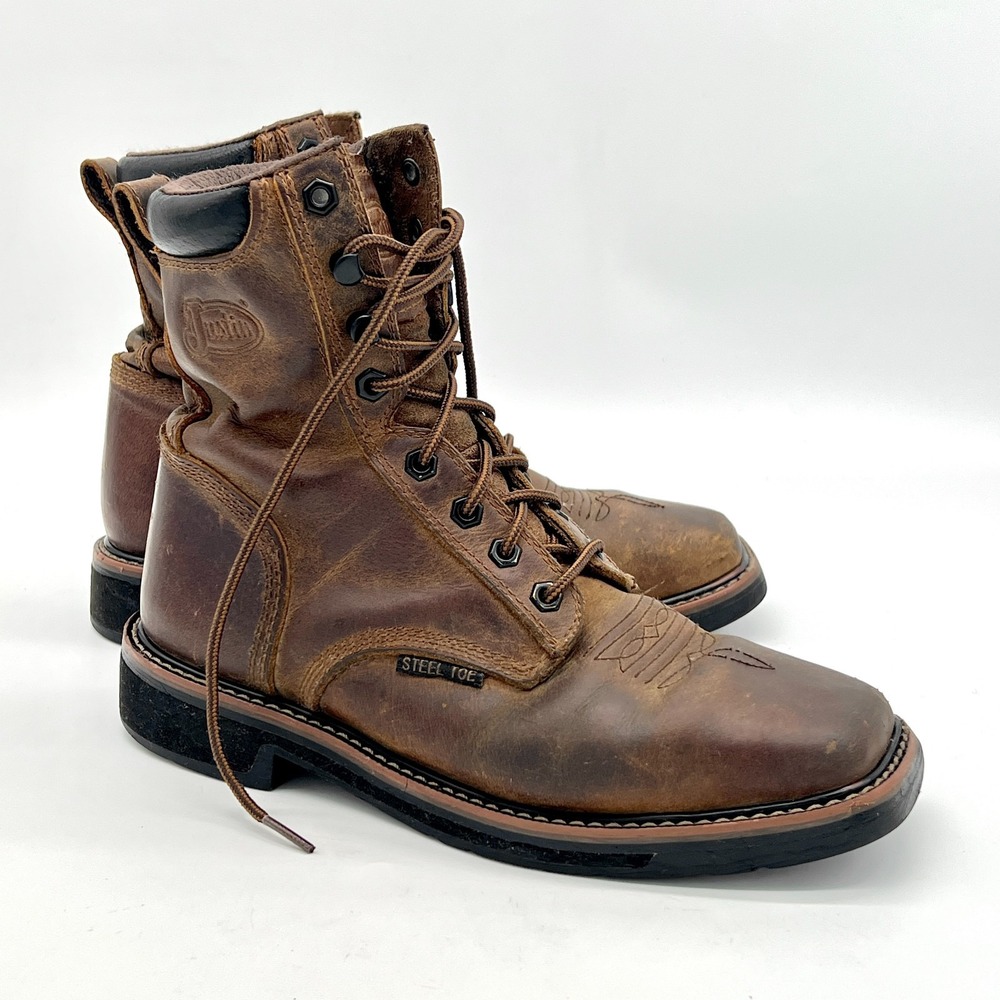 Justin Boots Men's 7.5 EE Pulley Lace-Up Work Boots SE682 Steel Toe Western